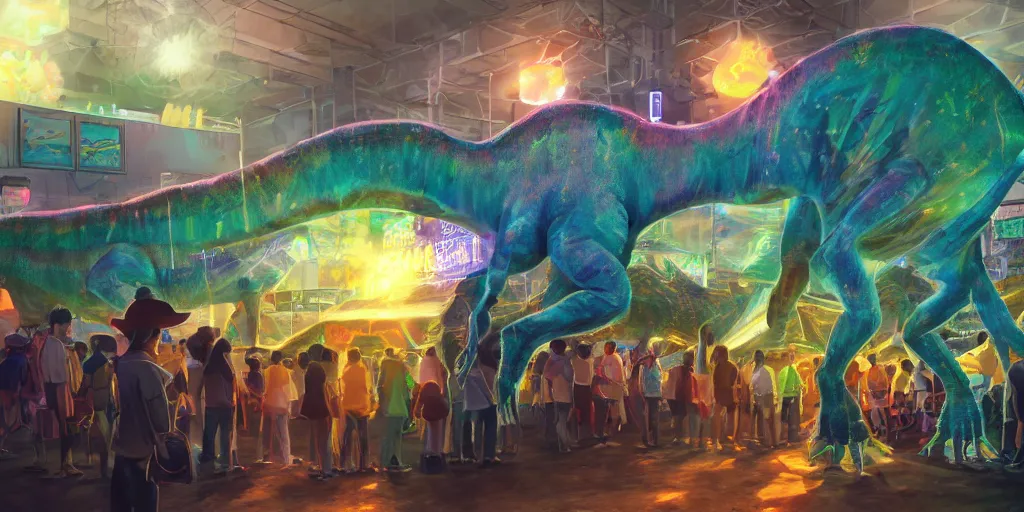 Prompt: glowing hologram dinosaur at the county fair by makoto shinkai