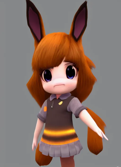 Prompt: female eevee mini cute girl, character adoptable, highly detailed, rendered, ray - tracing, cgi animated, 3 d demo reel avatar, style of maple story and zootopia, maple story eevee, fluffy, dark skin, cool clothes, soft shade, soft lighting