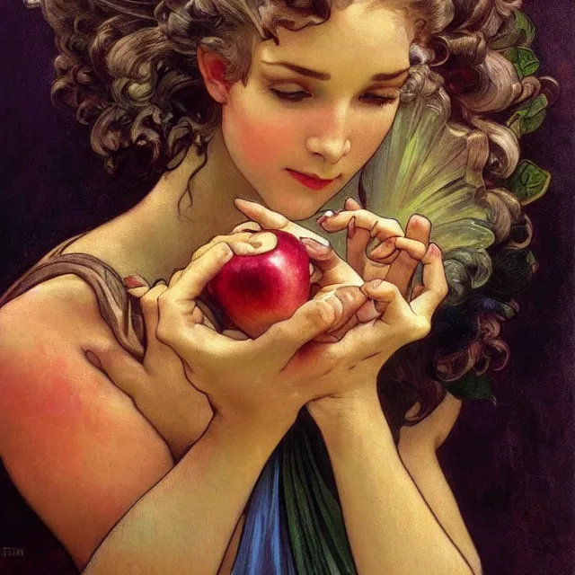 Image similar to an aesthetic! detailed close - up portrait of an aesthetic woman crying mournfully while holding an apple, by frank frazetta and alphonse mucha, oil on canvas, bright colors, art nouveau, epic composition, dungeons and dragons fantasy art, hd, god - rays, ray - tracing, crisp contour - lines, huhd - 8 k