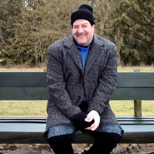 Prompt: Kevin Malone wearing a black beanie hat and black wool overcoat sitting on a park bench during the winter