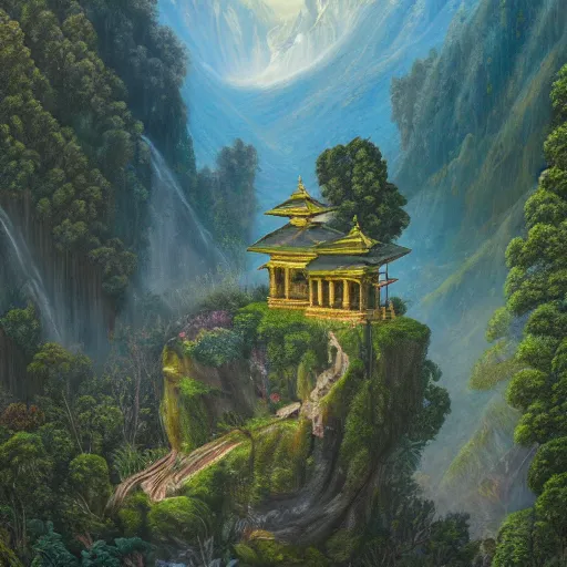 Image similar to a beautiful and highly detailed oil painting of an nepali temple in the kathmandu valley, detailed trees and cliffs, forgotten valley, swirling mist, lush forests, intricate details, epic scale, insanely complex, 8 k, sharp focus, hyper realism, fantasy landscape, psychedelic, by caspar friedrich,