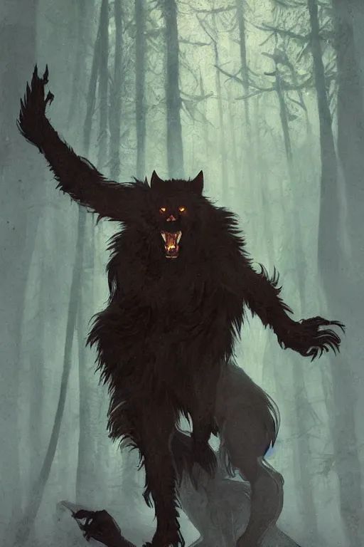 Image similar to fullbody portrait of a male werewolf, bared teeth, long claws, dark forest at night, by greg rutkowski and alphonse mucha, gradient brown to silver, highly detailed, digital painting, artstation, concept art, smooth, sharp focus illustration