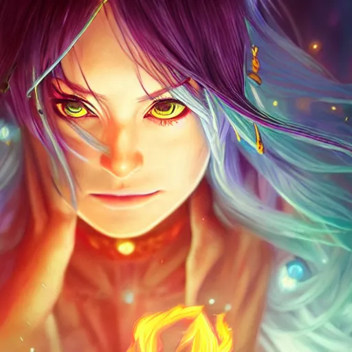 Image similar to rimuru tempest from tensura holding purple fire in her palm, with amber eyes of golden colored eyes, straight hair, sky blue hair, long bangs, award winning photography, cinematic, digital painting, cinematic, wlop, 8 k, by ross tran, tom bagshaw