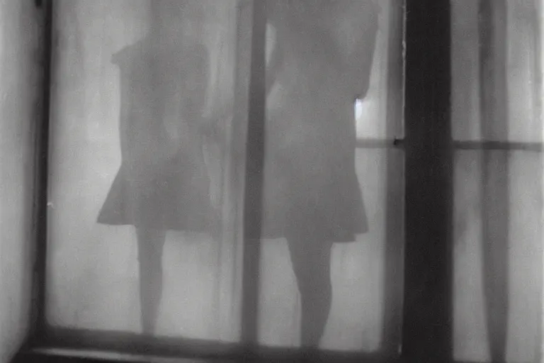 Prompt: silhouette of a woman in front of a dirty window, photo by Francesca Woodman,