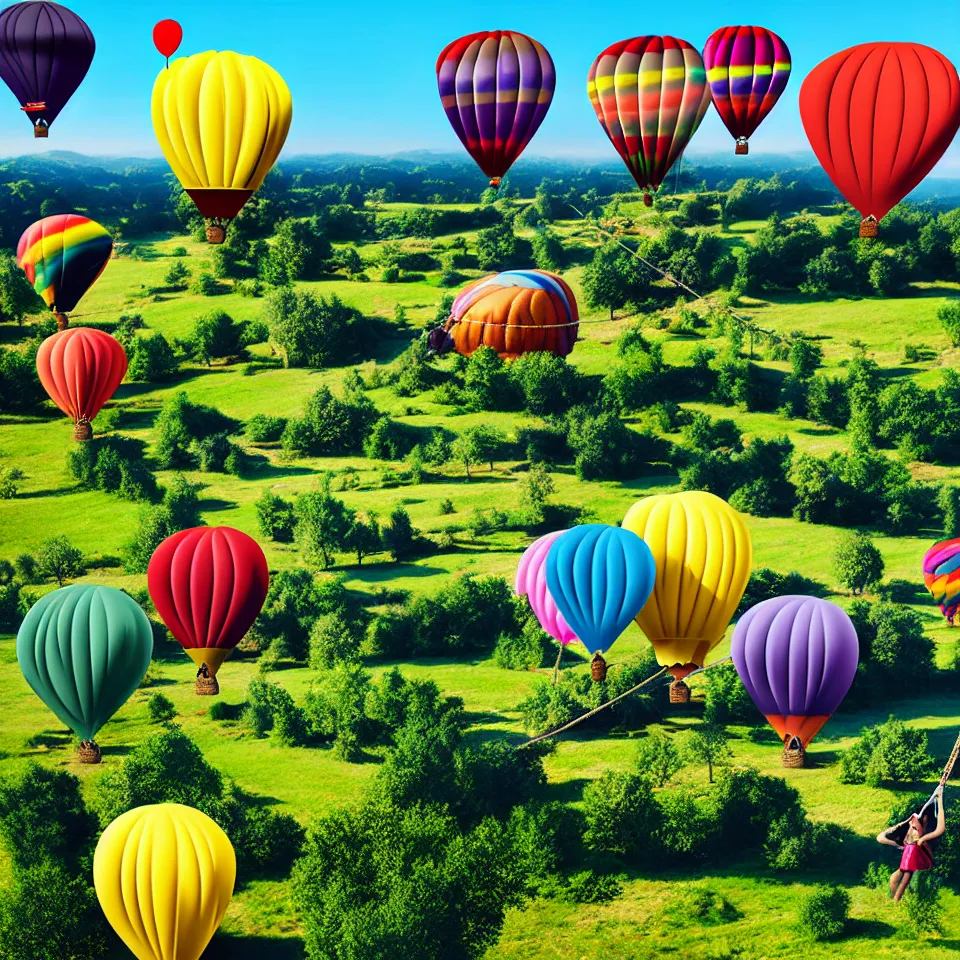 Image similar to large colorful balloons with people on rope swings underneath, flying high over the beautiful countryside landscape, professional photography, 8 0 mm telephoto lens, realistic, detailed, digital art, unreal engine