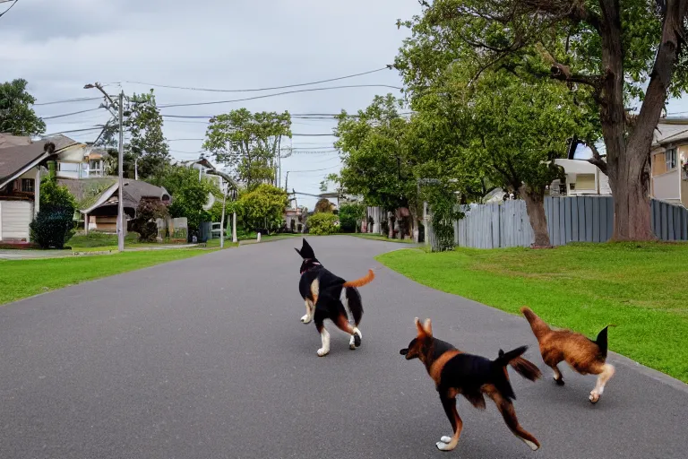 Image similar to a residential street in a suburb with dogs running directly towards the camera, wide shot