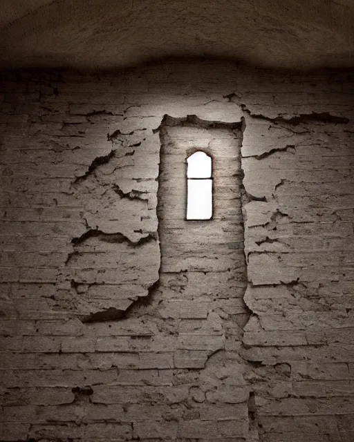 Image similar to a huge crack in an old building's plaster wall revealing bricks beneath in the shape of jesus's face, photoreal