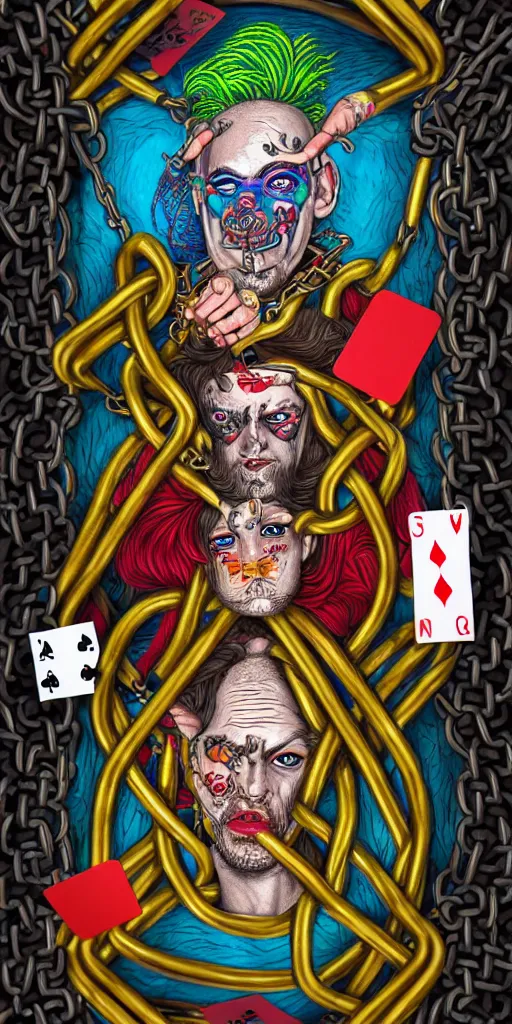 Image similar to psychedelic illustration, court jester portrait, psychotic eyes, in prison, in chains, playing card design, detailed colored pencil drawing, photorealistic illustration, 8 k resolution, octane render,