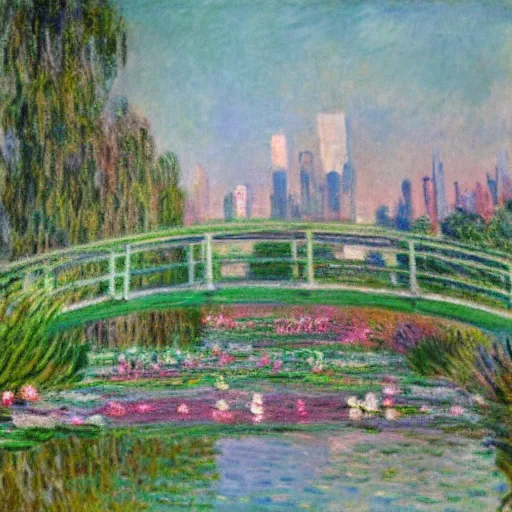 Image similar to monet's the water lily pond with a city scape in the background, neon high - rises