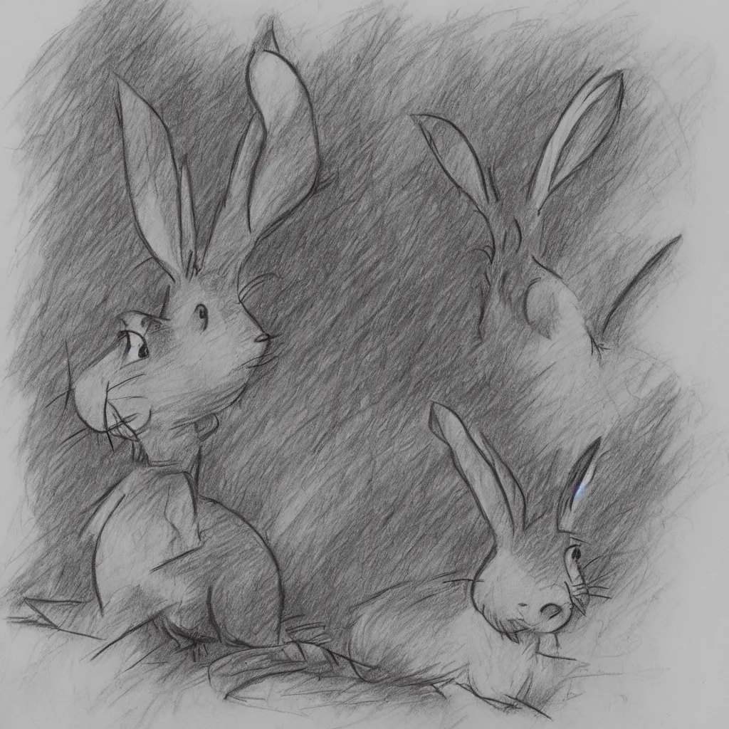 Image similar to milt kahl pencil sketch of a rabbit in the forest facing away disney style