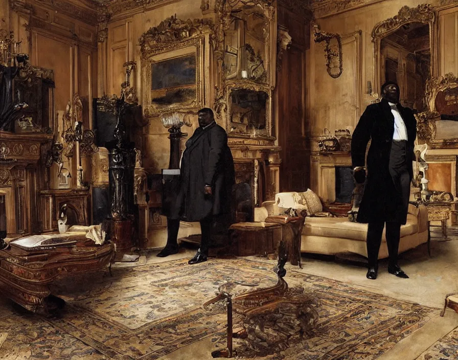 Prompt: a large black man wearing an overcoat and knee-length black boots stands in the living room of a beautiful ornate baroque English mansion, adebanji alade, lawrence alma-tadema, george goodwin kilburne