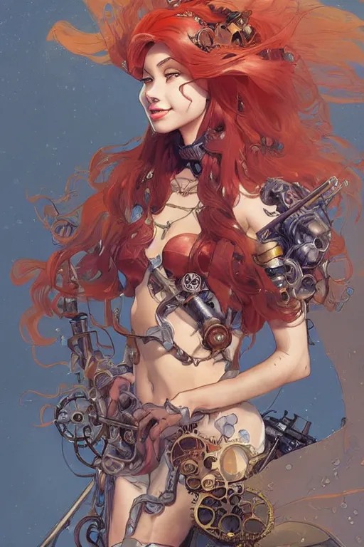 Prompt: ariel little mermaid as a steampunk half - cyborg cowgirl, pelt coats, high fantasy, dnd, smooth, sharp focus, illustration, highly detailed, digital painting, artstation, concept art, by rossdraws, alphonse mucha, frank fanzzeta, collectible card art