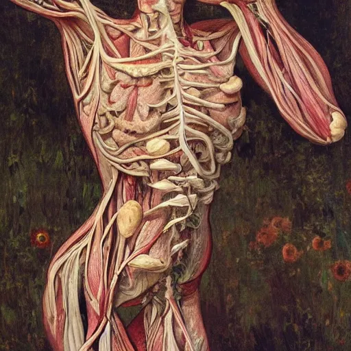 Prompt: a beautiful detailed full body rotten woman corpse morphing into fractal plants and fractal flowers and mushrooms, muscles, veins, anatomical, intricate, ornate, volumetric light, beautiful lit, manet