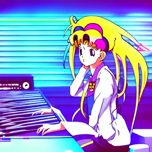 Image similar to An anime character working in their music studio. 90s anime, Sailor Moon, Neon Genesis, official art, flat cell shading, fantastic screenshot art, trending on artstation