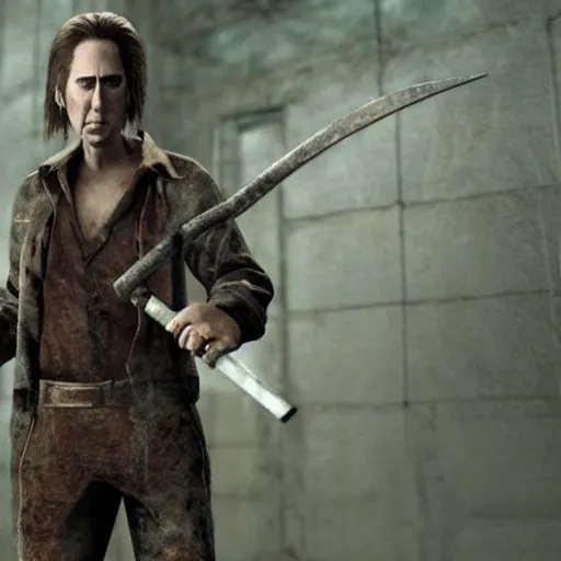 Image similar to nickolas cage holding the green axe from silent hill one, highly detailed, ultra realistic, 4 k