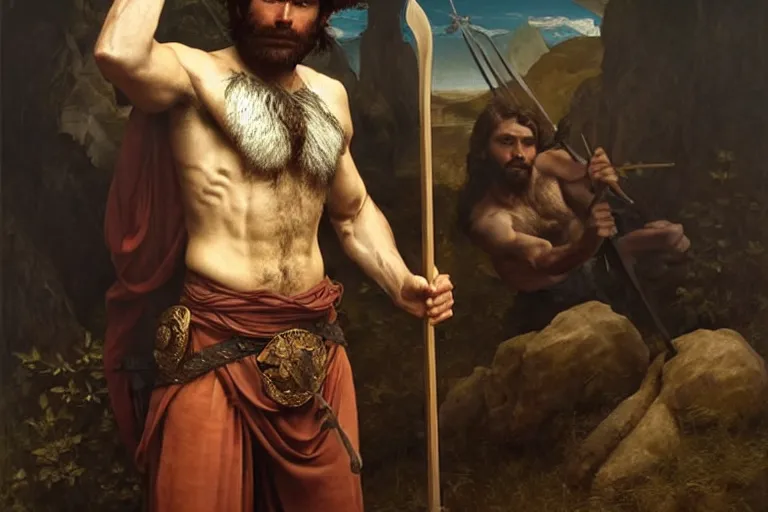 Image similar to renaissance painting full body portrait of a gruff ranger with a spear, lean and toned, handsome face, hairy chest and hairy body, D&D, intricate, elegant, highly detailed, digital painting, artstation, concept art, matte, sharp focus, chiaroscuro, well list, illustration, art by Artgerm and Greg Rutkowski and Alphonse Mucha