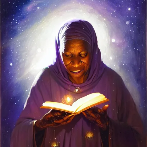 Image similar to an elder african psychic woman reading her crystal ball while holding a book of spells under a meteor shower, greg rutkowski and android jones and amanda sage, oil on canvas, 8k