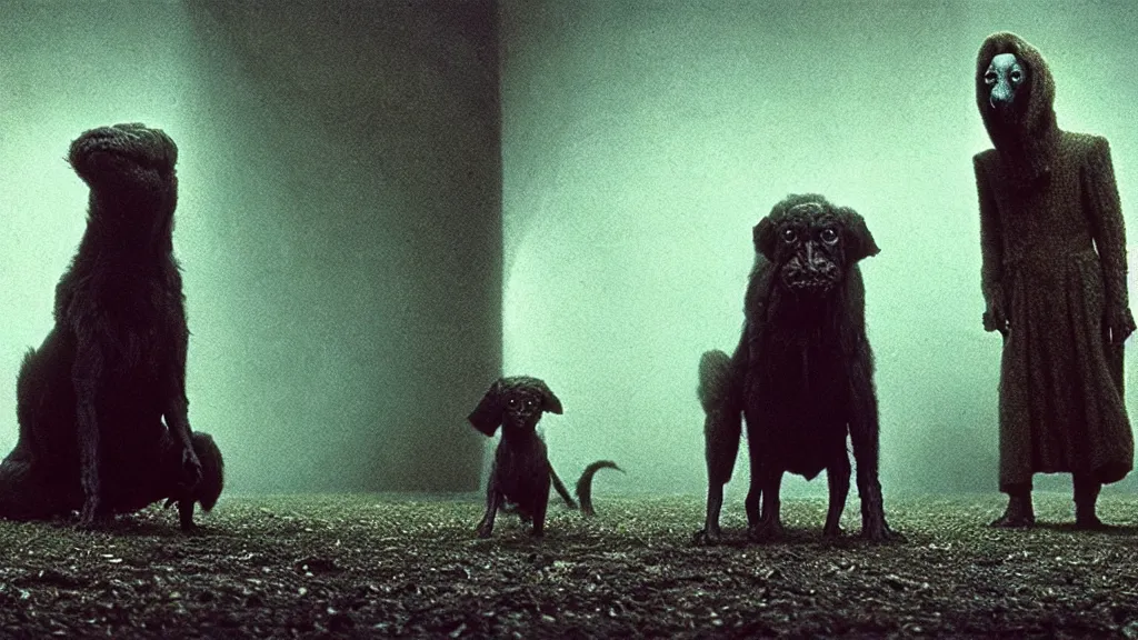 Prompt: the strange dog who sneers, film still from the movie directed by denis villeneuve and david cronenberg with art direction by salvador dali and zdzisław beksinski, wide lens