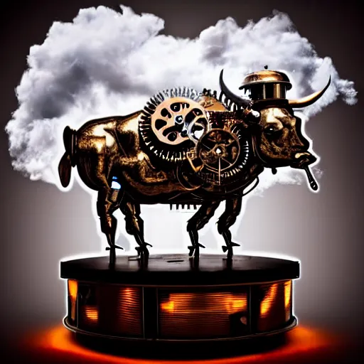 Image similar to a clockwork mechanical bull there are gears sticking out of the mechanical bull steam emanates from the robotic bull and thick clouds of steam swirl around the clockwork bull, ultra high detail, high particle effects, highly reflective surface, realistic reflections