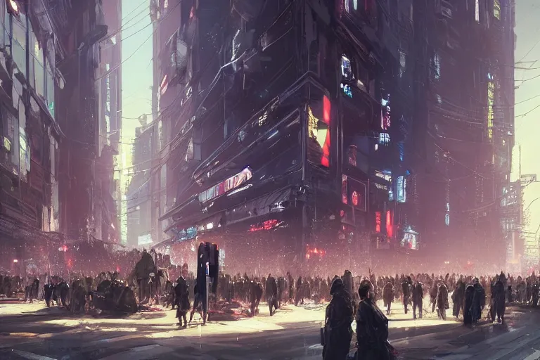 Image similar to a dramatic artstation illustration of a crowd of people at a city intersection bowing to their ai overlords by greg rutkowski, cyberpunk, beautiful,