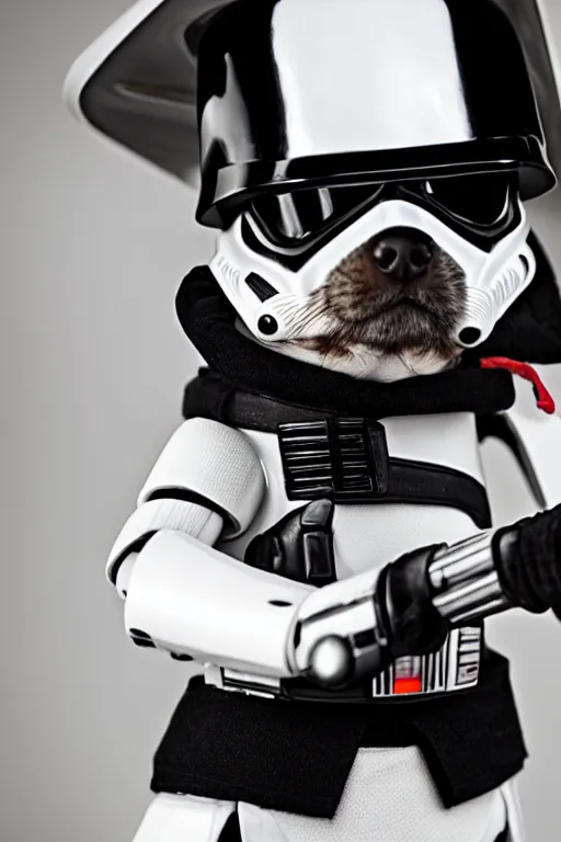 Image similar to a Chihuahua holding a lightsaber,dressing like Stormtrooper,futuristic style.unnreal engine