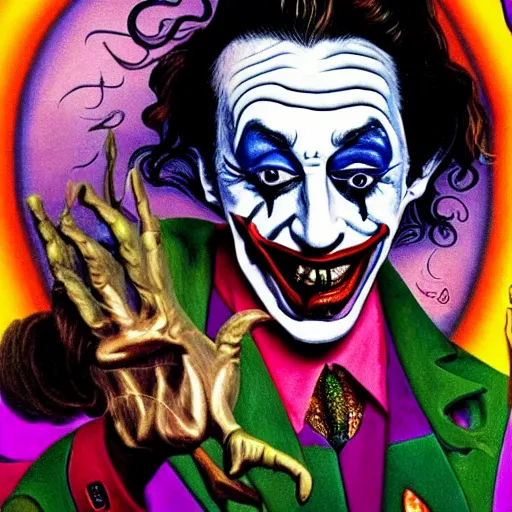 Image similar to an extremely psychedelic portrait of salvador dali as the joker, lsd, face, detailed, intricate, elegant, lithe, highly detailed, digital oth, sharp focus, illustration,