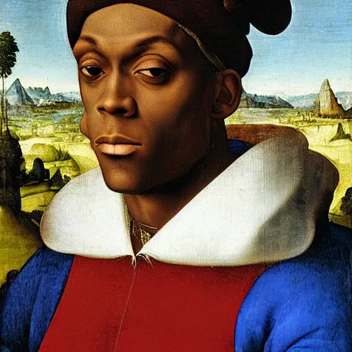 Image similar to a renaissance portrait painting of soulja boy by giovanni bellini