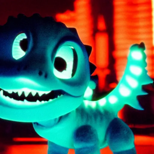 Image similar to cute smiling pixar and chibi style electric blue scaled glowing baby dinosaurs in tron movie, cinestill