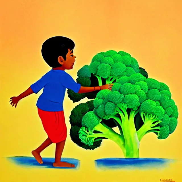 Image similar to professional kids book illustration of a South Indian !toddler! boy pulling a friendly anthropomorphic (broccoli) out of the ground, best on artstation,, astonishing, impressive, outstanding, cheerful, stunning, masterpiece by Eric Carle.