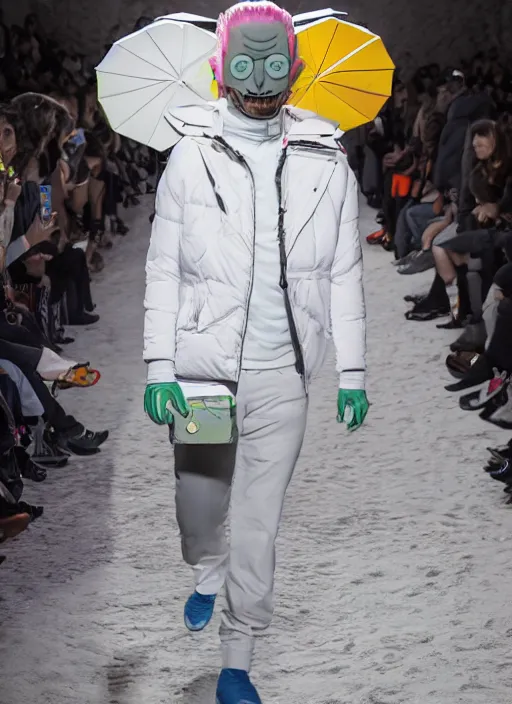 Image similar to hyperrealistic and heavy detailed Moncler runway show of rick and morty , Leica SL2 50mm, vivid color, high quality, high textured, real life