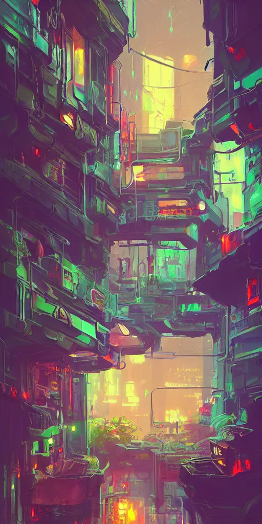 Image similar to one lush windowsill with plants inside of it, looking out to a cyberpunk rainy street with neon signs, interior of room frame, detailed digital concept art by anton fadeev, John Howe, and marc simonetti, trending on artstation