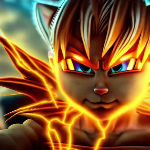 Image similar to tabby cat going super saiyan, goku, golden hour, fantasy, sharp focus, digital art, hyper realistic, 4 k, unreal engine, highly detailed, hd, dramatic lighting by brom, trending on artstation