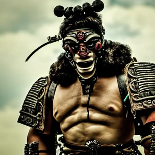 Prompt: fierce big muscular samurai wearing a cybernetic oni mask, accurate very wellmade movie still