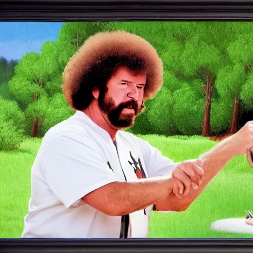 Image similar to a closeup photorealistic photograph of bob ross crafting an image of kenny powers autographing a baseball, painting on a canvas. mountains and trees. film still. brightly lit scene. this 4 k hd image is trending on artstation, featured on behance, well - rendered, extra crisp, features intricate detail, epic composition and the style of unreal engine.