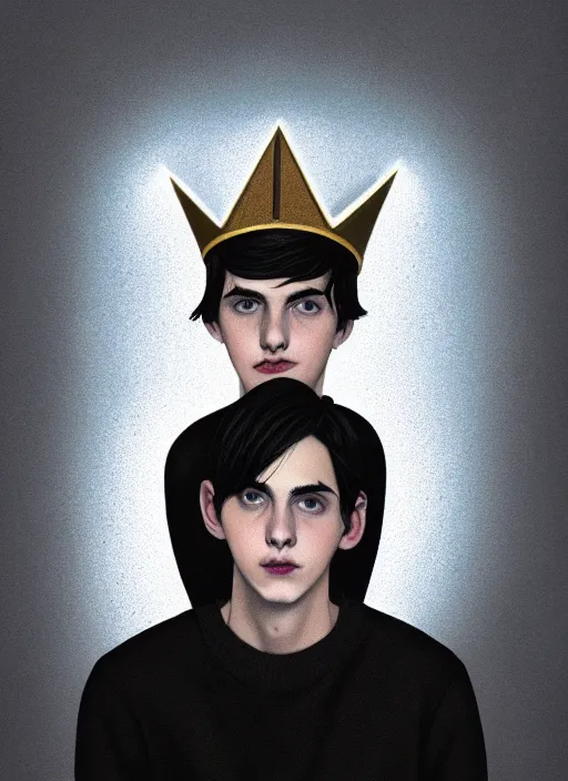 Image similar to portrait of teenage jughead jones wearing a light grey crown, photorealistic, crown, eyes closed, crown, black hair, sweater with letter s on it, letter s, intricate, elegant, glowing lights, highly detailed, digital painting, artstation, concept art, smooth, sharp focus, illustration, art by wlop, mars ravelo and greg rutkowski