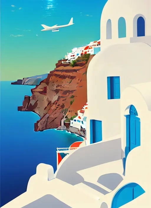 Prompt: a travel poster illustration depicting a house in santorini with an ocean view, white architecture, digital painting, vector art, trending on artstration, by anton fadeev, by alena aenami
