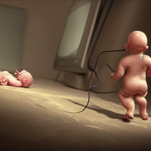 Prompt: picture of fetus with a cord, coming out from the television static noise, 8k, unreal engine, concept art, oil paiting, artstaion, higly detailed, ultra hd