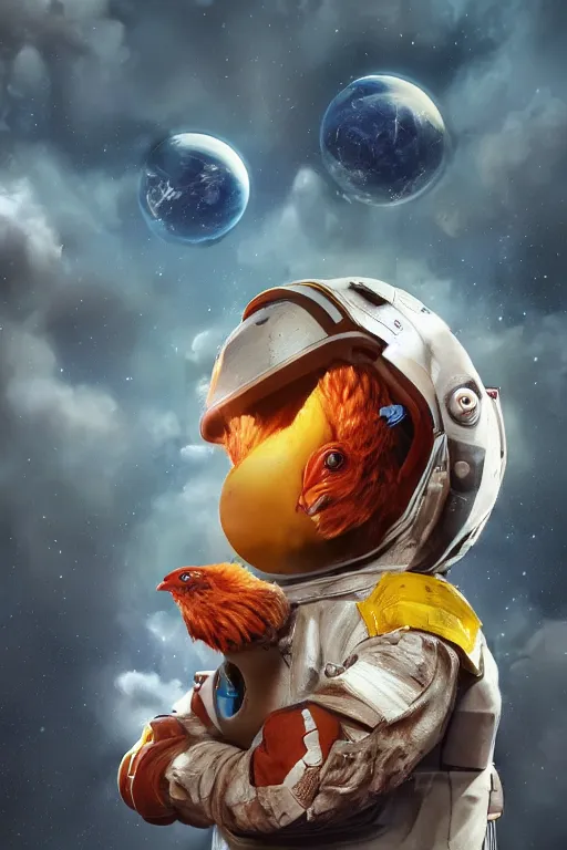 Image similar to a lonely chicken wearing a space suit without helmet in a alien planet, profile picture, digital art, concept art, trending on DeviantArt, highly detailed, high quality, 4K, cartoon, high coherence, path traced, blue sky in the background, octane render, digital painting, no helmet, masterpiece, anatomically correct, hyperrealistic