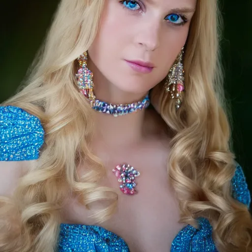 Prompt: close up headshot of a princess with long blonde hair and blue eyes wearing a strapless elaborately beaded pink dress, high resolution film still, 8k, HDR color, film by Simon Langton and David Frankel, diamond shaped face, weak chin