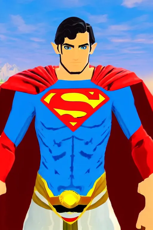 Image similar to an in game portrait of superman from the legend of zelda breath of the wild, breath of the wild art style.