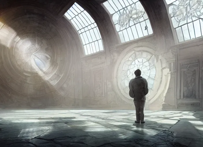 Image similar to interior of the temple of the moon, man standing in front of a huge circular window around volumetric lighting, rays of god, digital painting, highly detailed, artstation, sharp focus, illustration, concept art, ruan jia, steve mccurry, amazing composition