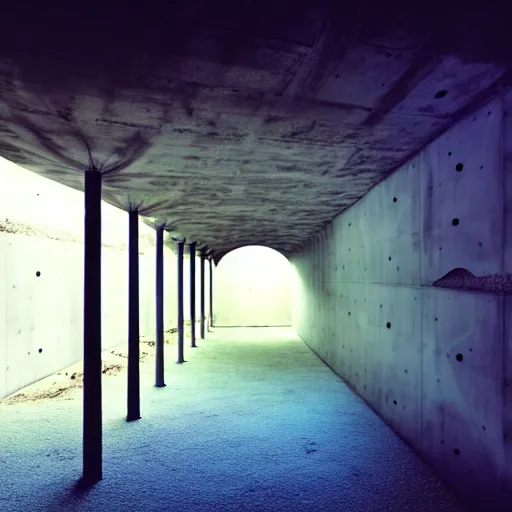 Prompt: noisy color photograph of a concrete underground retrofuturist liminal space, sky made of ceiling panels, staggered terraces, centered palm tree growing out of concrete, hidden area, unknown space, minimalist, cinematic, soft vintage glow