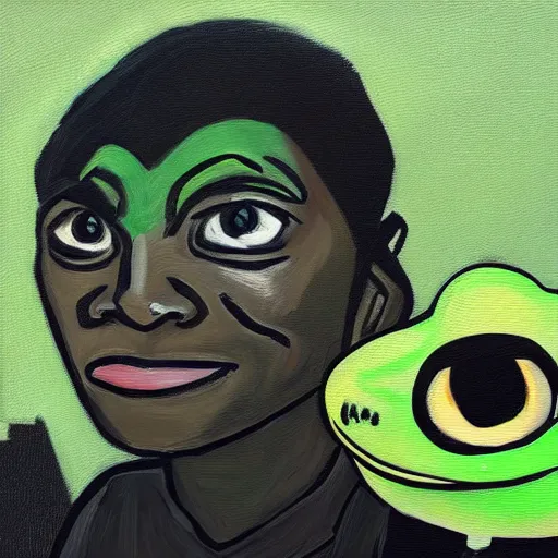 Image similar to Portrait of xQc with pepe the frog , oil painting