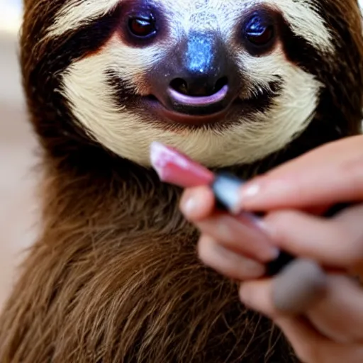 Prompt: a beautiful sloth doing her makeup