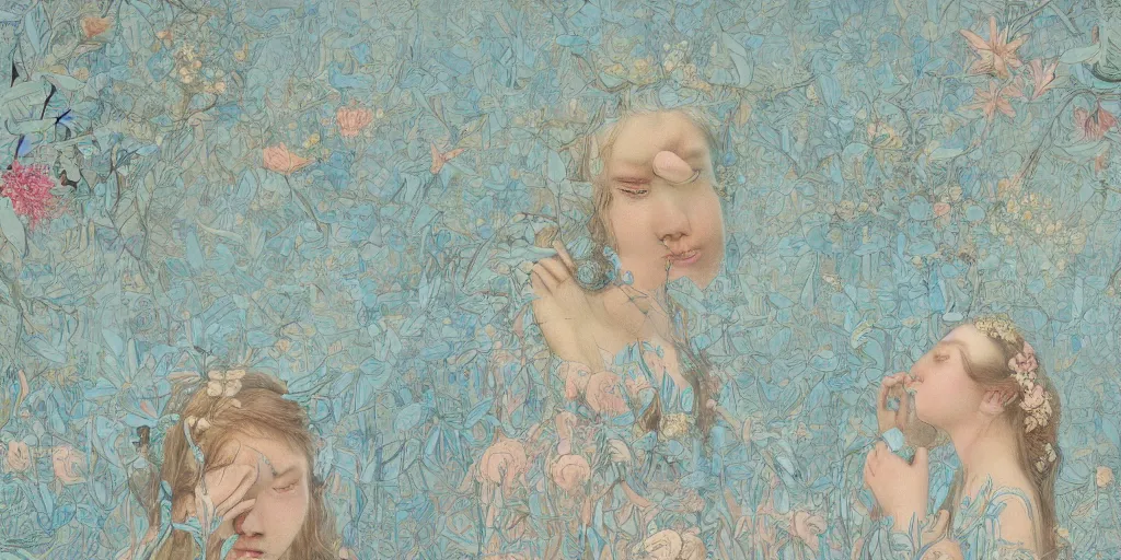 Prompt: breathtaking detailed concept art painting pattern of two goddess of light blue flowers with anxious piercing eyes and flowers and fruits and birds, by hsiao - ron cheng and beto val and john james audubon, bizarre compositions, exquisite detail, extremely moody lighting, 8 k