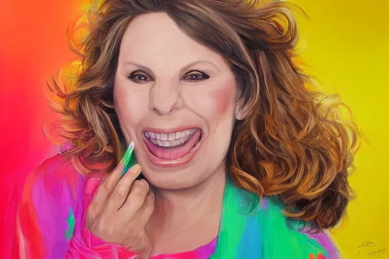 Prompt: A bright, happy painting of a Jennifer Saunders, beautiful, hyperrealistic, high-quality, professional, dramatic lighting, extremely high detail, trending on artstation