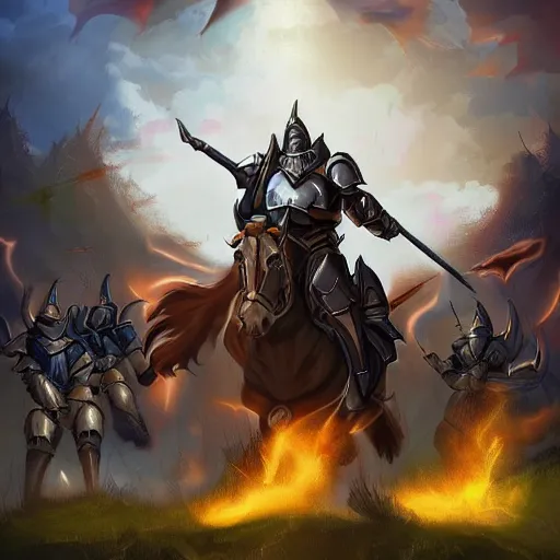 Image similar to paladins in plate armor riding into hell, fighting demons, hellscape, digital art