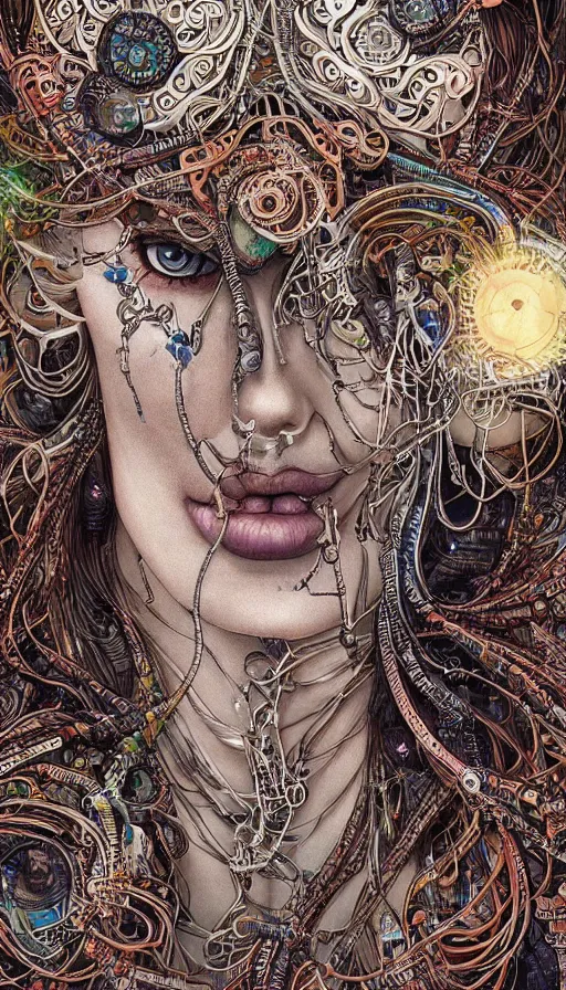 Image similar to beautifully stunning stonepunk woman_integrating_with_technology_full_face_insipiring_detailed_intricate_ornate_cables_connected_to_head_big_open_electric_eyes_ the_singulairty is now by android jones