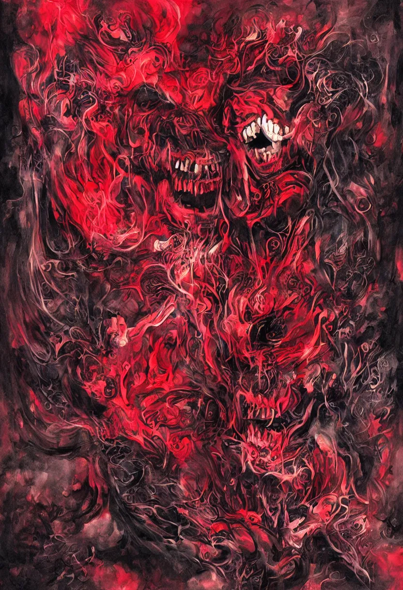 Image similar to musicians collide with the multidimensional, smile, monster teeth covered in red, dark and mysterious, full body, cinematic, epic, very detailed, full body