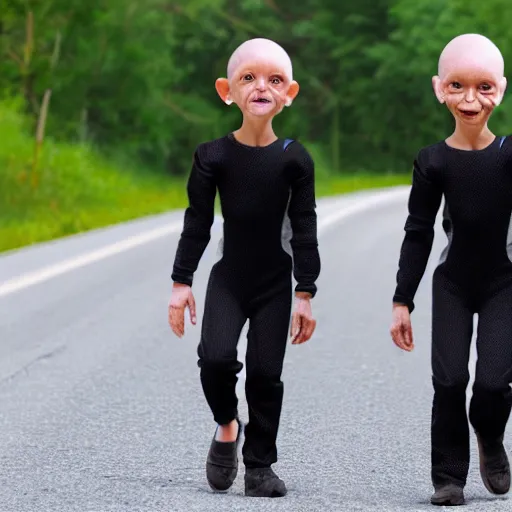 Prompt: a photo of two small humanoid aliens wearing tight black jumpsuits walking in a country road, creepy, highly realistic, summer day